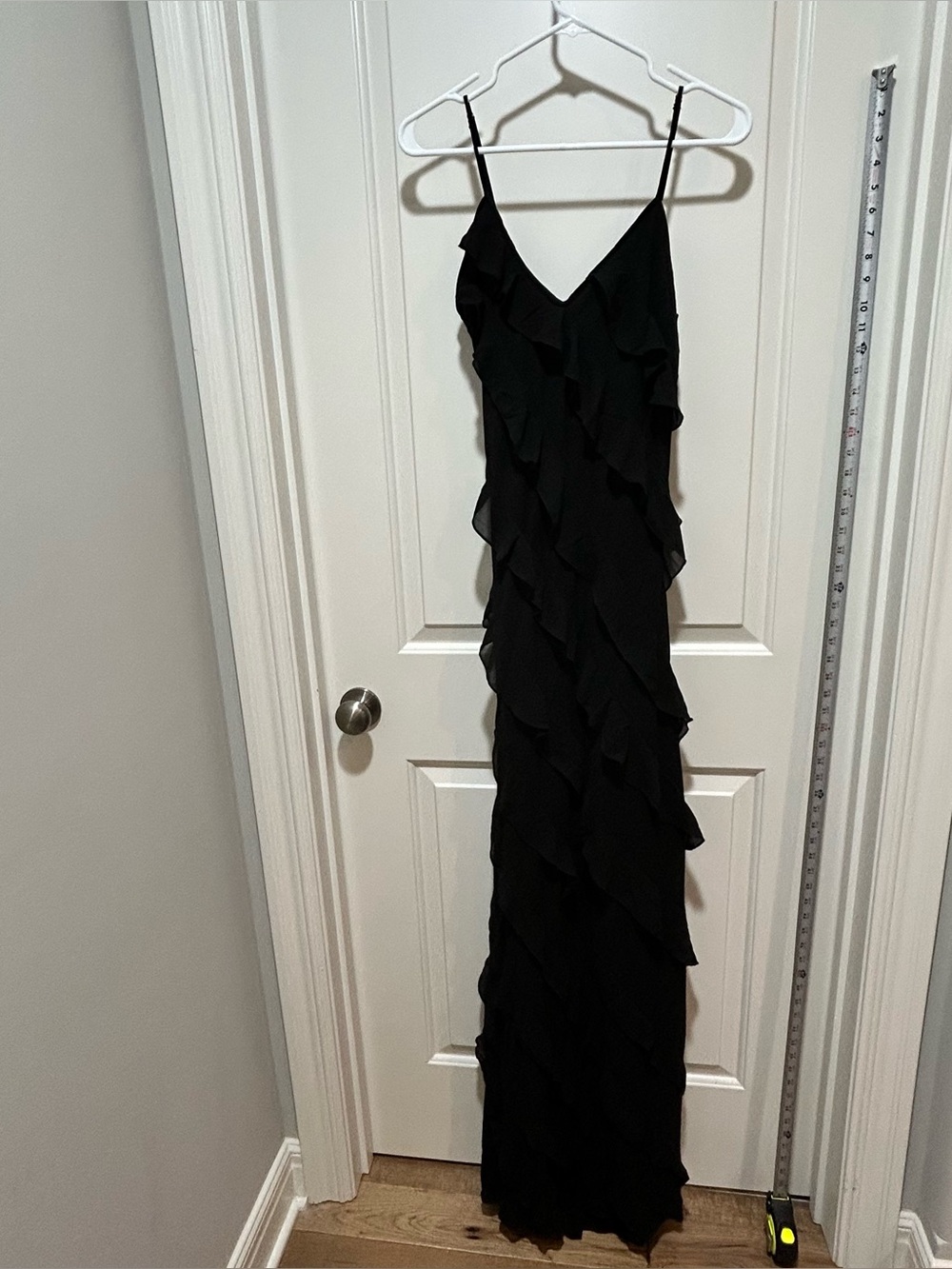 Fashion Nova women’s size M Black Felicia Chiffon Ruffle Maxi Dress NWT side zip